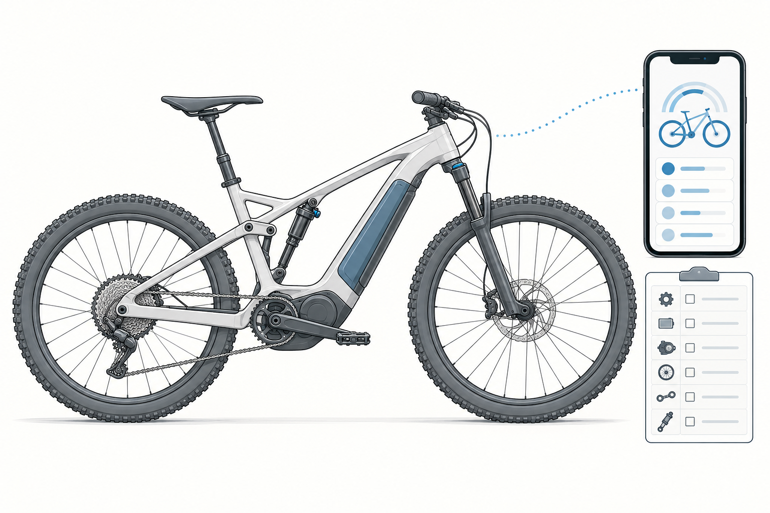 Dibujo técnico de una bicicleta eléctrica de motor central junto a un teléfono y una ficha de diagnóstico.