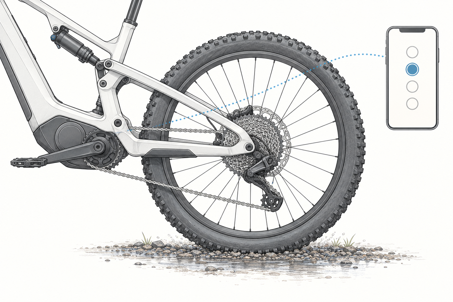 Detalle lateral de una rueda trasera de bicicleta eléctrica sobre terreno suelto, con su transmisión y un teléfono de ajustes esquemáticos.