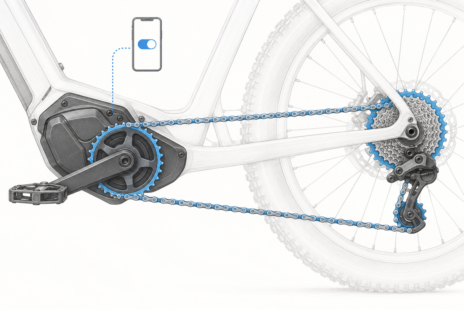 Esquema lateral de una transmisión monoplato de bicicleta eléctrica, con plato, cadena, cassette y cambio trasero, junto a un interruptor digital conceptual.