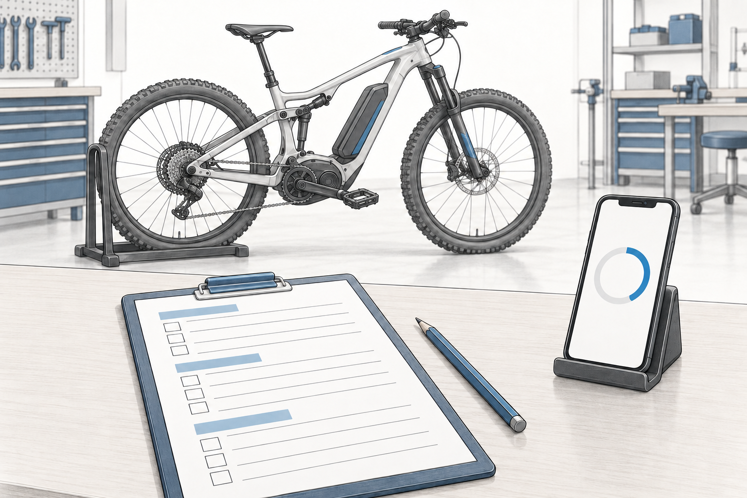 Mesa de recepción con una ficha de comprobaciones y un teléfono, junto a una bicicleta eléctrica completa e inmóvil.