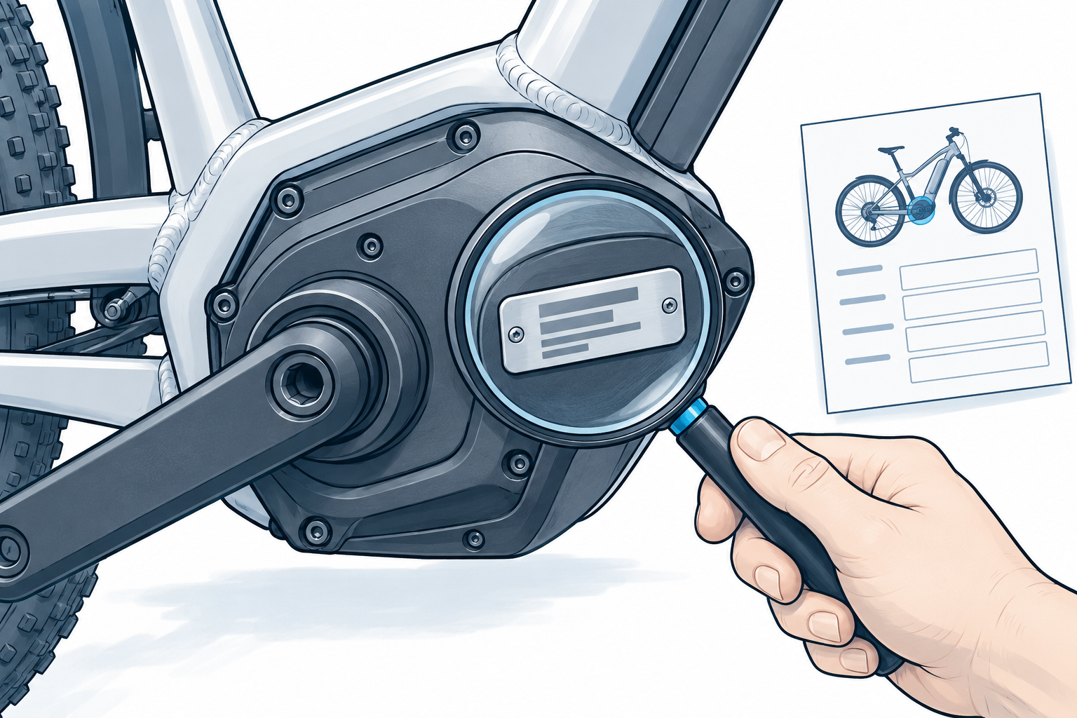 Carcasa cerrada de un motor central con placa ilustrativa de identificación y ficha de servicio.