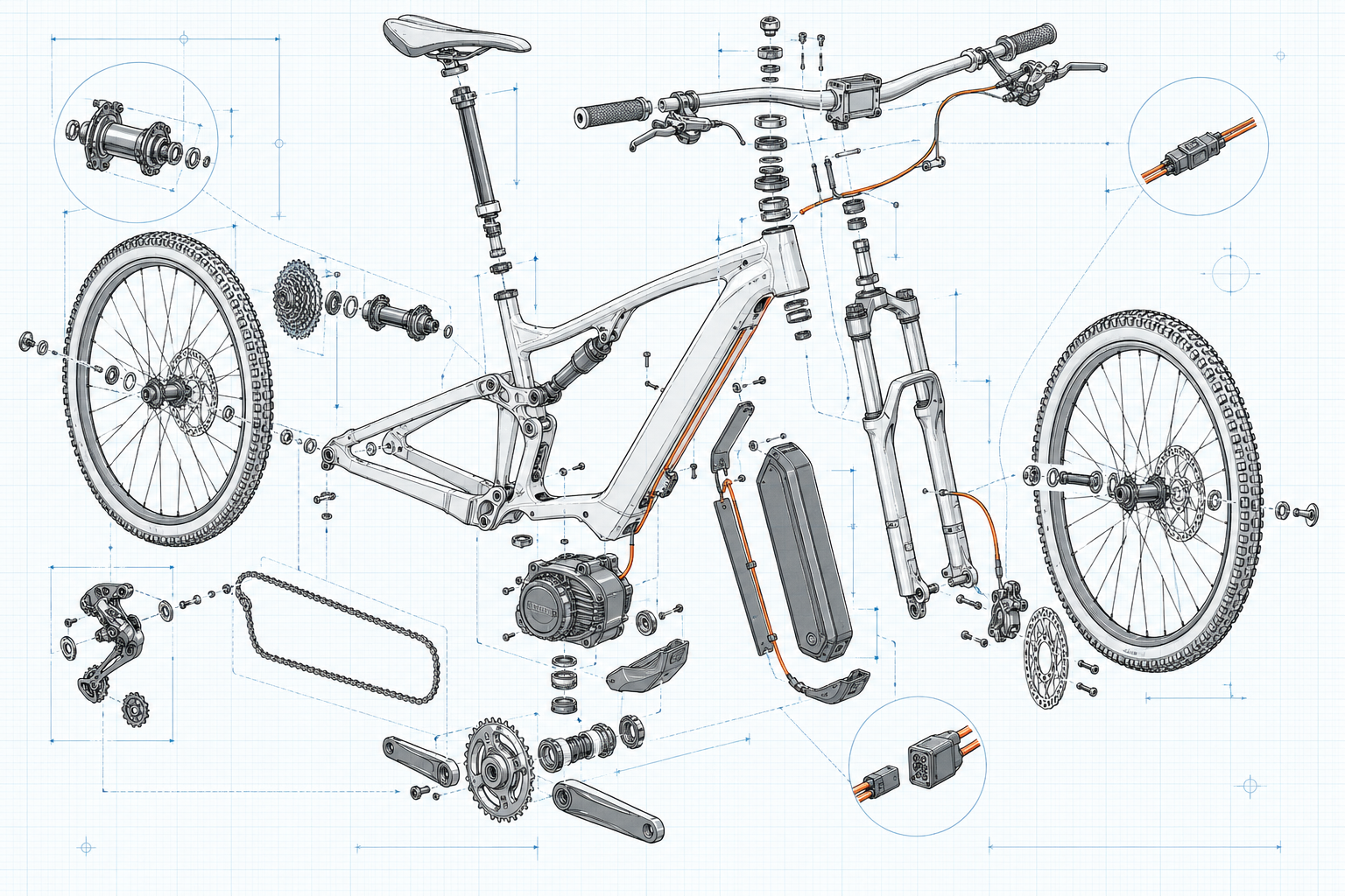 Despiece técnico de una bicicleta con sistemas mecánicos y eléctricos identificados.